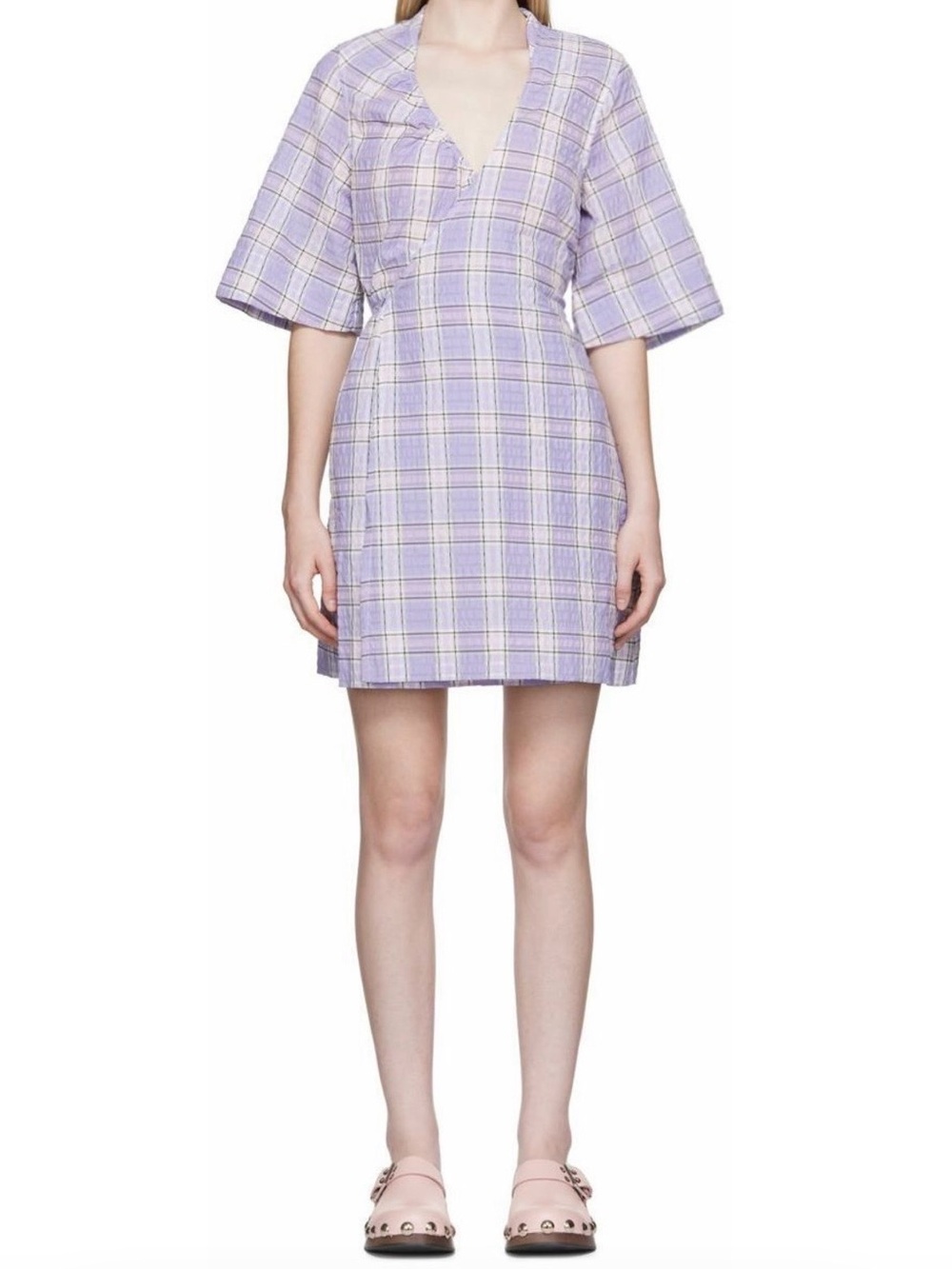 Ganni Seersucker Mini Dress - Check Persian Violet | Size XXS/XS